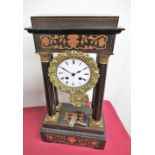 19th C French ebonised and marquetry portico clock, two train count wheel striking movement numbered