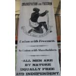 Pair of large fabric anti-slavery 'Emancipation and Freedom' display banners, H287cm W121cm