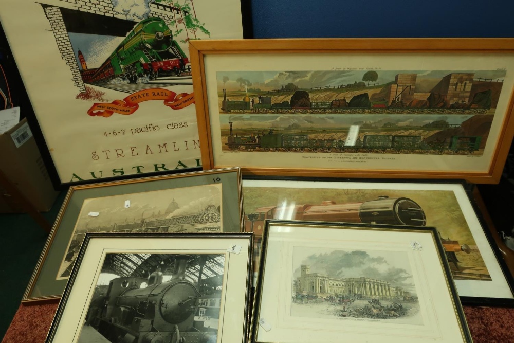 Selection of various framed coloured and uncoloured engravings, railway locomotives prints, Engine