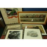 Selection of various framed coloured and uncoloured engravings, railway locomotives prints, Engine