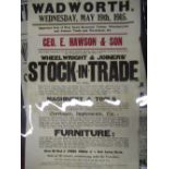 'Wadworth Wheelwright & Joiners Stock In Trade' auction poster for Geo. E. Hawson & Son, 88cm x 57cm