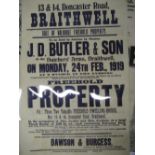 'Braithwell Sale Of Valuable Freehold Property' property sale poster for J D Butler & Son, 77cm x