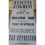 Pair of large fabric anti-slavery 'Execute Judgment' display banners, H287cm W121cm