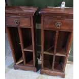Pair of oak CD cabinets, with single drawer on shaped supports W37cm D21cm H95cm (2)