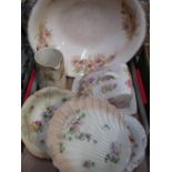 Victorian print ware cheese dish and cover decorated with flowers, a similar patterned toilet bowl