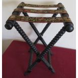 Victorian ebonised folding wooden luggage stand with turned legs and embroidered straps