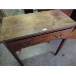 Early 19th C mahogany single drawer side table with molded top, on square supports, W77cm D36cm