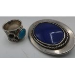 Silver bark effect ring set with oval turquoise, Jet and amethyst coloured stone, size L/M and a