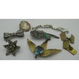 Sterling silver gilt and blue stone leaf spray brooch, a silver bracelet, and a French silver enamel
