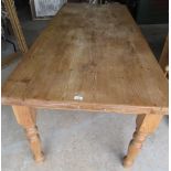 Large Victorian style pine rectangular farmhouse kitchen table on turned supports, L213cm W90cm