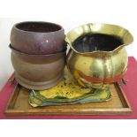 Edwardian golden oak tea tray with turned handles and brass mounts, two papier-mâché tea trays,
