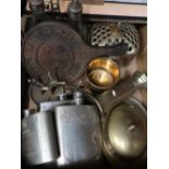 Four pewter tankards, plated butter dish and cover, twin bottle cruets and other decorative
