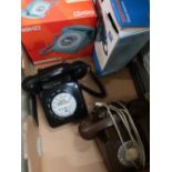 Vintage chocolate brown dial telephone, three modern button dial phones (3)