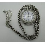 Small silver open faced fob watch with Roman & Arabic numerals and star inlaid back, on belcher