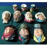 Seven Bossons ware Dickens wall plaques, and three Lancaster character jugs