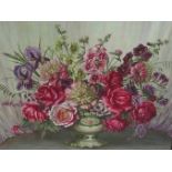W. Palmer (20th C): Still life study of Roses and other garden flowers in a Staffordshire vase,
