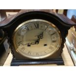 Smiths Enfield 1930's oak cased mantel clock with barley twist columns, two train movement