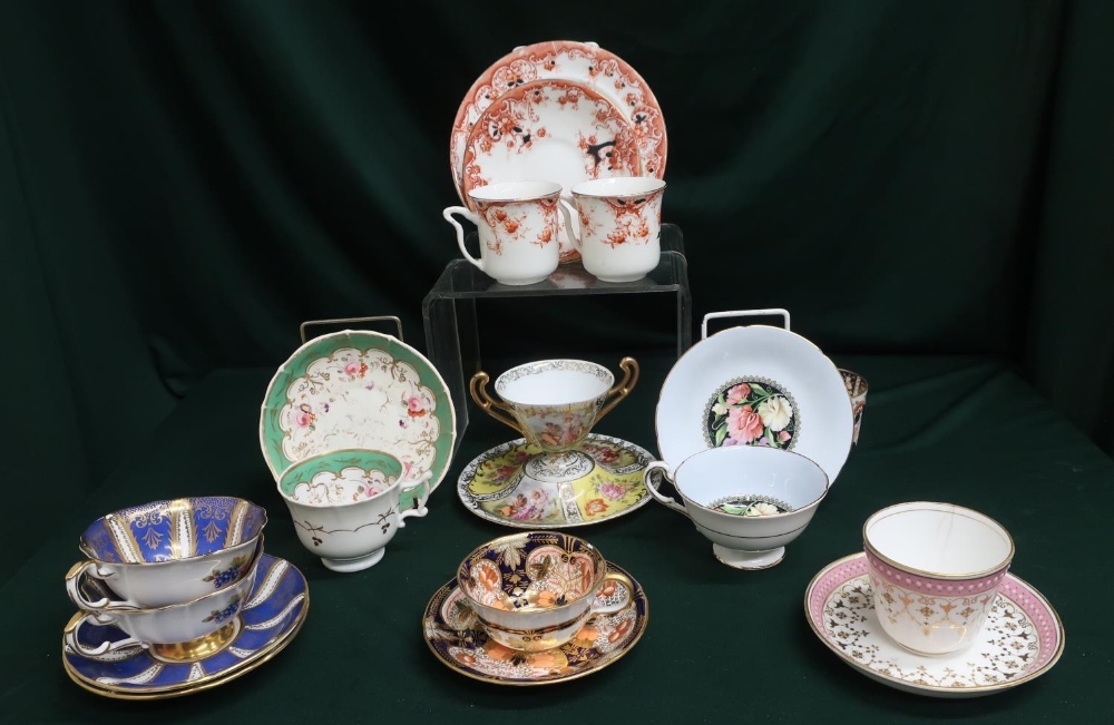 Collection of assorted teacups and saucers by Davenport, Paragon and Royal Crown Derby (10 x