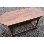 Craftsman made oak coffee table, with burr top and two drawers on turned supports, joined by