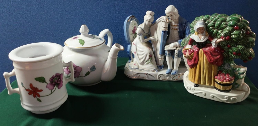 Pair of Masons Staffordshire flatback style figures, pair of continental models of courting couples,