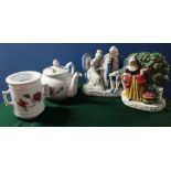 Pair of Masons Staffordshire flatback style figures, pair of continental models of courting couples,