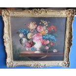 English School (20th Century): Still life study of garden flowers in vases, oil on canvas, 59cm x