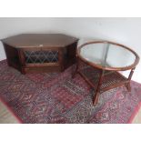 Old Mill oak corner TV stand, H106cm D48cm, and a glass top bamboo coffee table D65cm H48cm, (2)