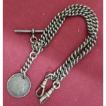 Edwardian flat curb link silver double link watch with 1902 one shilling coin