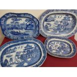 Victorian rectangular meat plate, blue & white transfer printed with figures boating in a landscape,