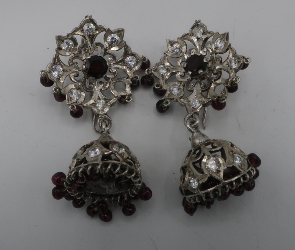 Large pair of silver coloured metal and stone set Indian style Coronet earrings