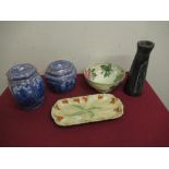 Ringtons hexagonal tea caddies, lustre floral bowl, a rectangular moulded salad plate and a