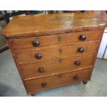 Victorian golden oak and pine chest of four drawers on turned legs, W88cm D58cm H91cm