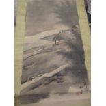 Chinese school (late 19th/early 20th C) scroll painting: Mountainous river landscape with figures,
