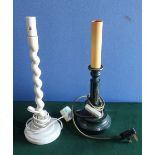 Pair of painted barley twist table lamps, similar pair of turned table lamps, and a pair of green