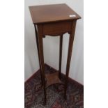 Edwardian inlaid mahogany square two-tier jardinière stand, on angular supports, top W29cm, H107cm