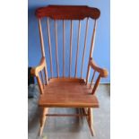 19th C elm elbow chair, with oak seat on square supports joined by a stretcher, and a 20th C stick