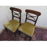 Pair of Regency mahogany side chairs, with moulded curved top rails, X shaped splats and stuffed
