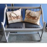 20th C bench seat, grey paint finish with galleried back and upholstered seat pads, turned