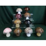 Wedgwood glass mushrooms in various colours and designs, H10cm (10)