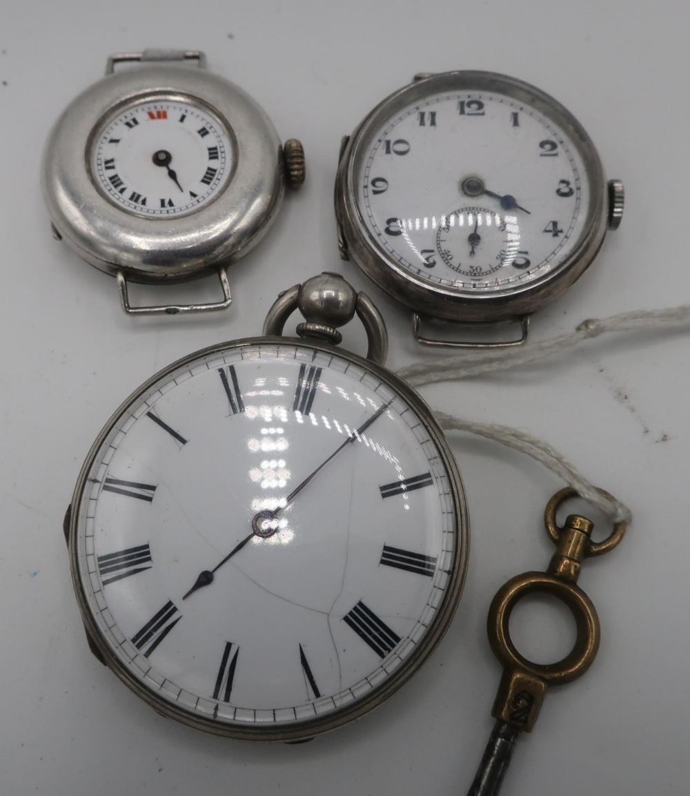 Continental Fine Silver fob watch with white enamel Roman dial and two continental silver wrist