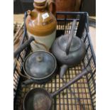 Glazed stoneware Domestos bottle, a steel kettle with handle, oriental hot water jug, a vintage 2