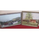 Jean Smith (20th C): Moored canal boats, oils on board, signed, 24.5cm x 40cm, and a study of a Farm