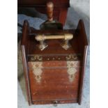 Edwardian walnut slope front coal box, with brass strapwork hinges, handle, and shovel W32cm H32cm