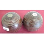 20th C Taylor-Rolph Co Ltd, London, Lignum Crown green bowls numbered 1 and 4 and three Hislop's