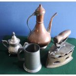 Indo Persian coffee pot, similar lidded jug, a Sheffield pewter sweet meat dish with beaten