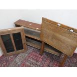 Early 20th C folding writing desk, a small pine cupboard with single glazed door, and a set of