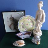 20th C ivorine style female figure on marble base, an oriental wall plate, framed feather study of a