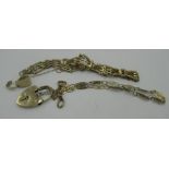 Two 9ct gold hallmarked fancy link bracelets with padlock clasps, and another padlock, 10.8g (3)