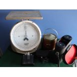 Post Office No.3 Salter thermoscale parcel scale, binoculars, two section spirit flask, camera,