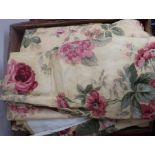 Crowson yellow ground rose pattern floral lined curtains, gathered width 115cm drop 300cm approx.